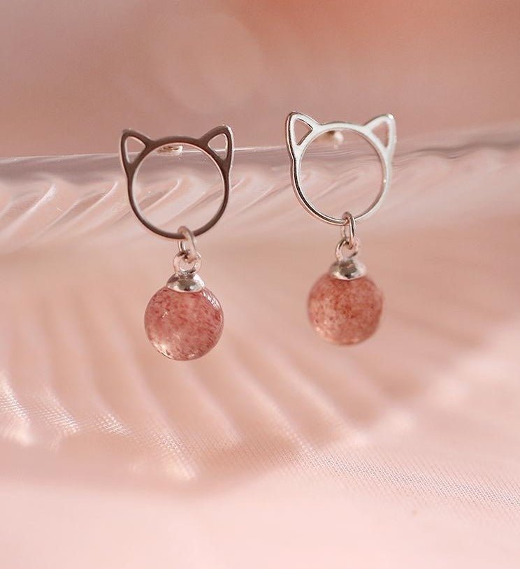 Cute Strawberry Pink Crystal Cat Earring - CatX Fiesta