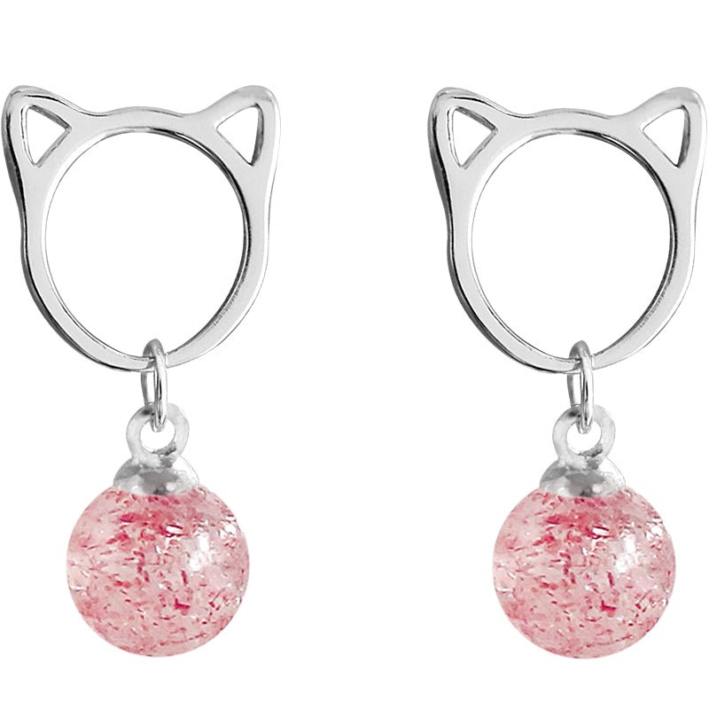 Cute Strawberry Pink Crystal Cat Earring - CatX Fiesta